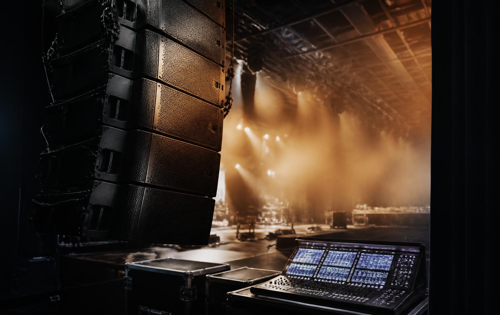 Line array-högtalare och digitalt mixerbord vid en scen
